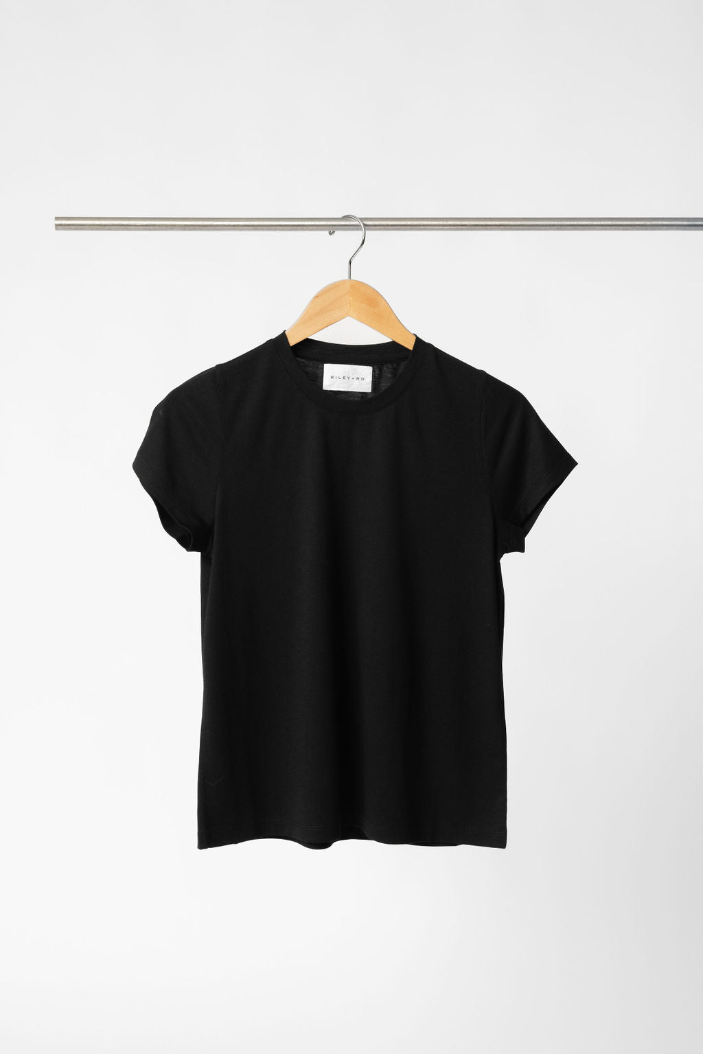 Minimalist Capsule Wardrobe 100% Organic Cotton Basic Black Tee on Hanger