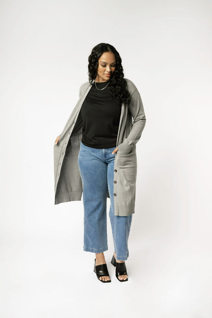 Minimalist Capsule Wardrobe 100% Organic Cotton Gray Cardigan Sweater Dress Paired with Jeans