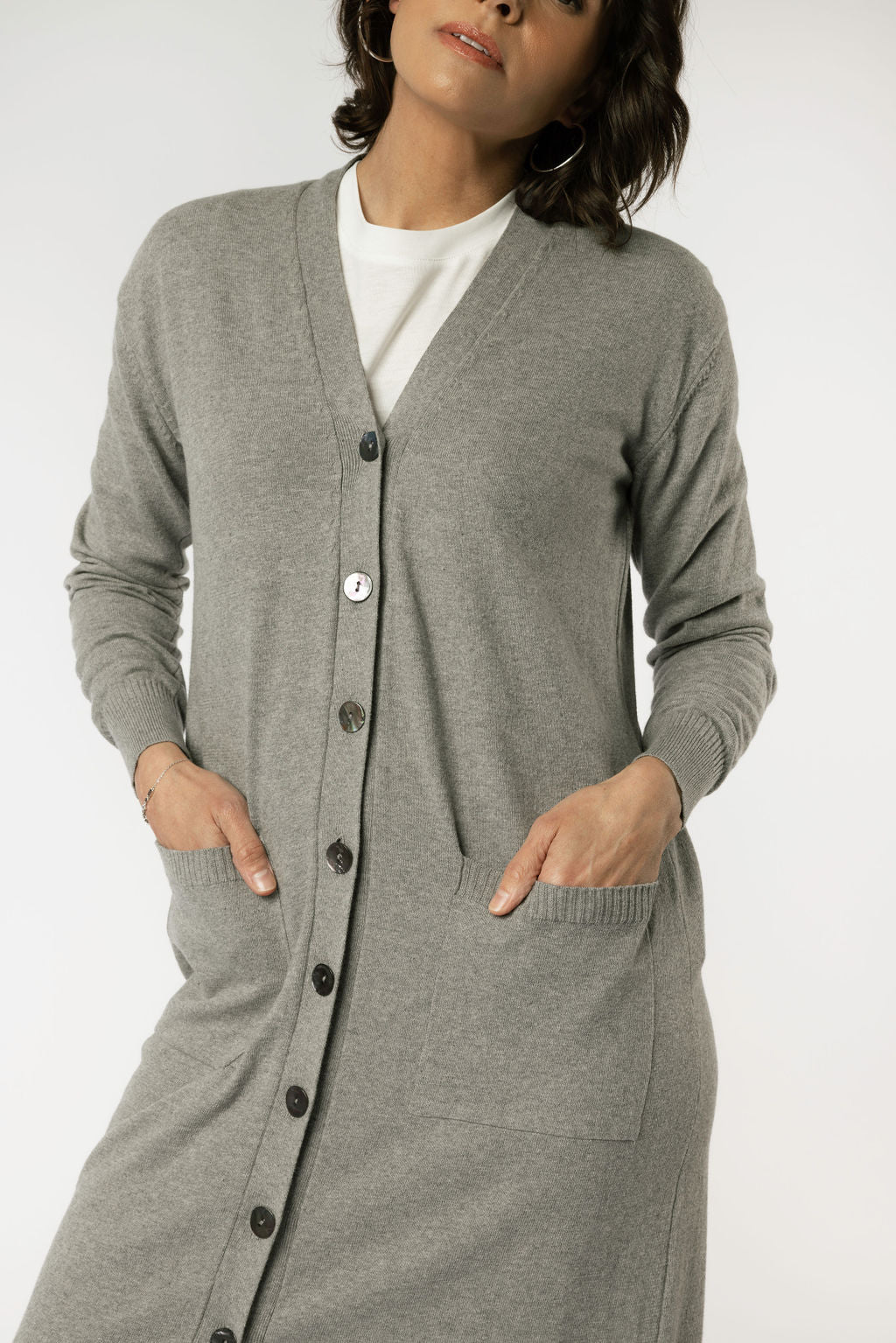 Minimalist Capsule Wardrobe 100% Organic Cotton Gray Cardigan Sweater Dress with Pockets