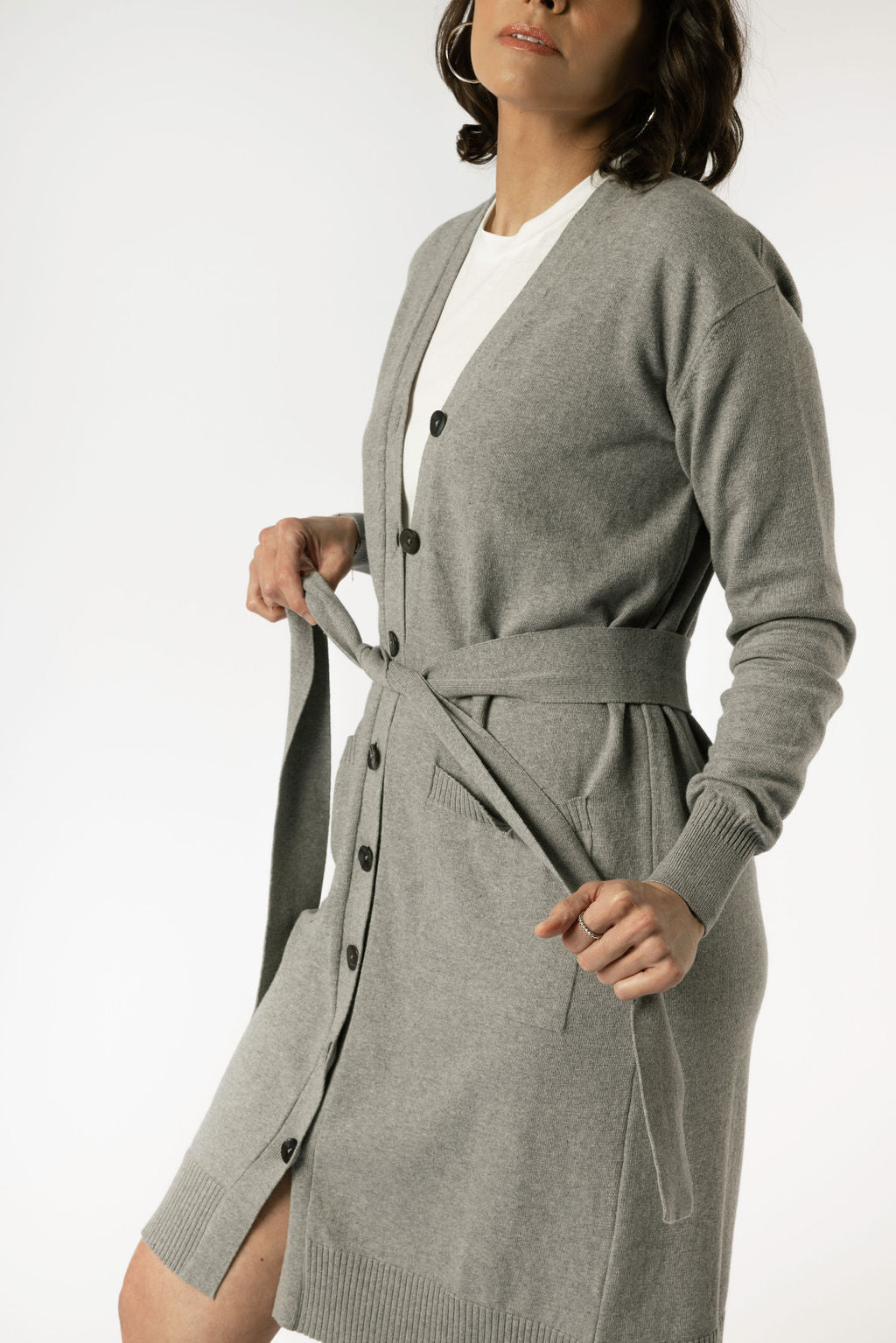Minimalist Capsule Wardrobe 100% Organic Cotton Gray Cardigan Sweater Dress With Cotton Belt