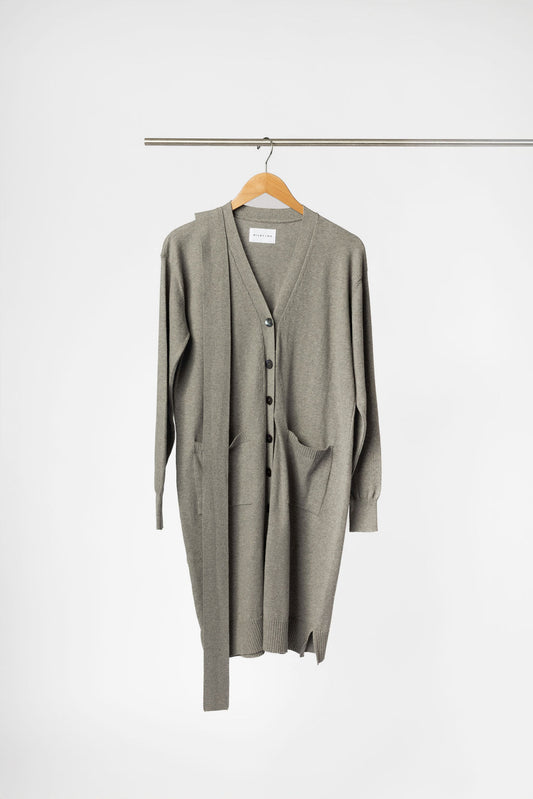 Minimalist Capsule Wardrobe 100% Organic Cotton Gray Cardigan Sweater Dress on Wooden Hanger