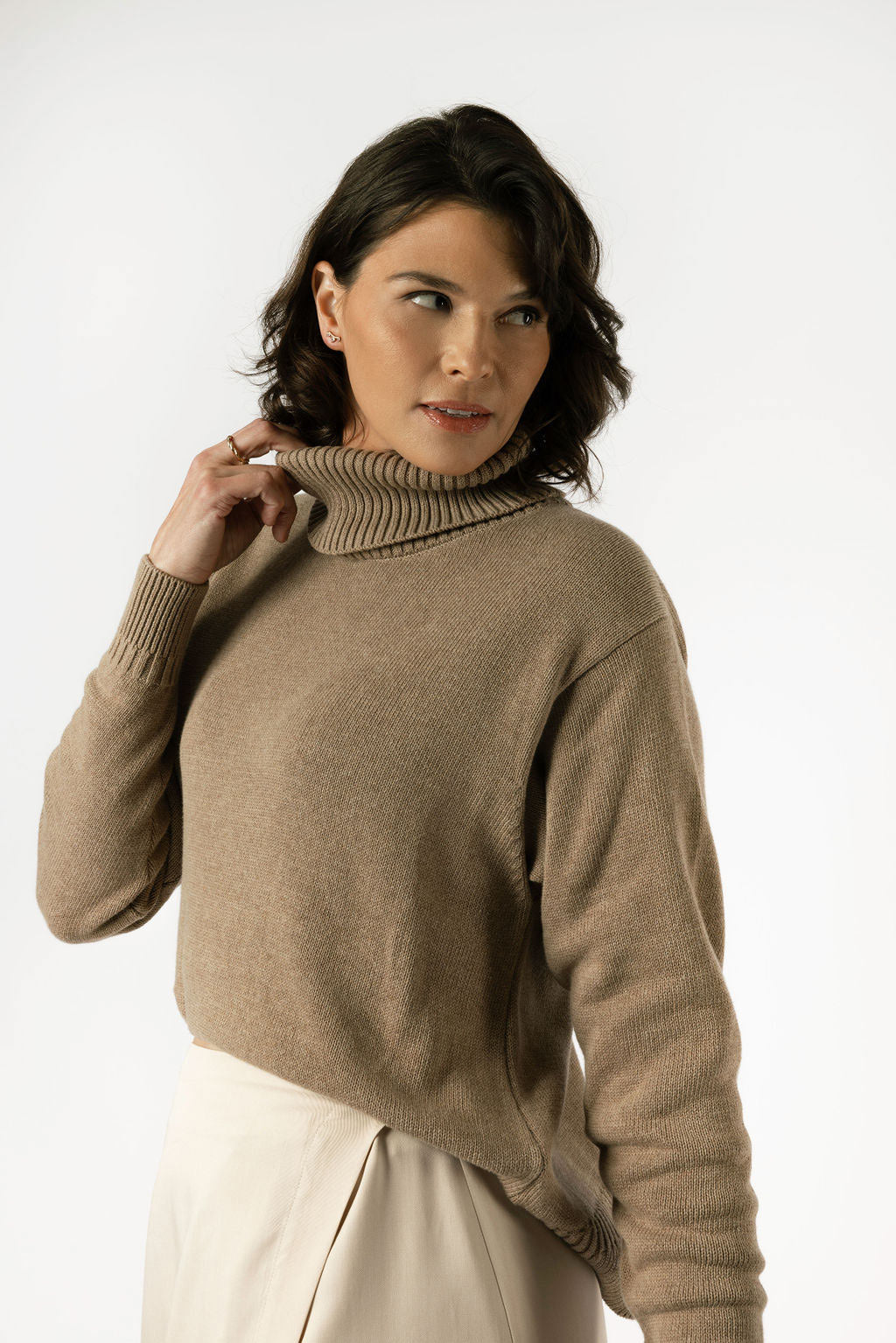 Minimalist Capsule Wardrobe 100% Organic Cotton Cozy Brown Cowl Neck Sweater