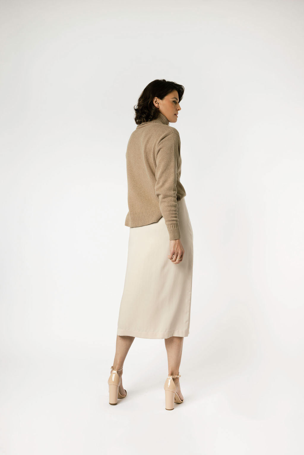 Minimalist Capsule Wardrobe 100% Organic Cotton Cozy Brown Cowl Neck Sweater Paired with Skirt