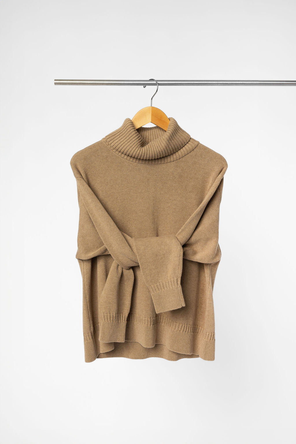 "Minimalist Capsule Wardrobe 100% Organic Cotton Cozy Brown Cowl Neck Sweater on Hanger "