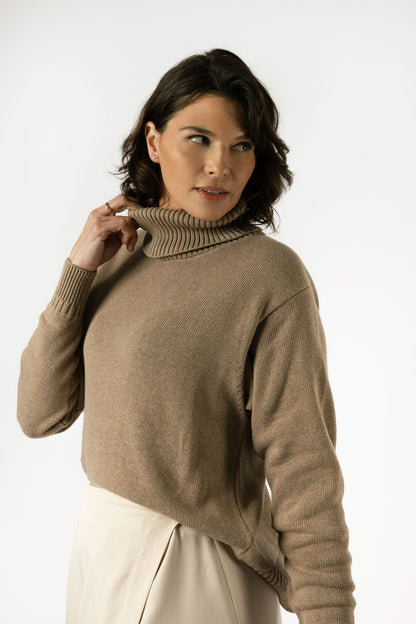 Minimalist Capsule Wardrobe 100% Organic Cotton Cozy Brown Cowl Neck Sweater