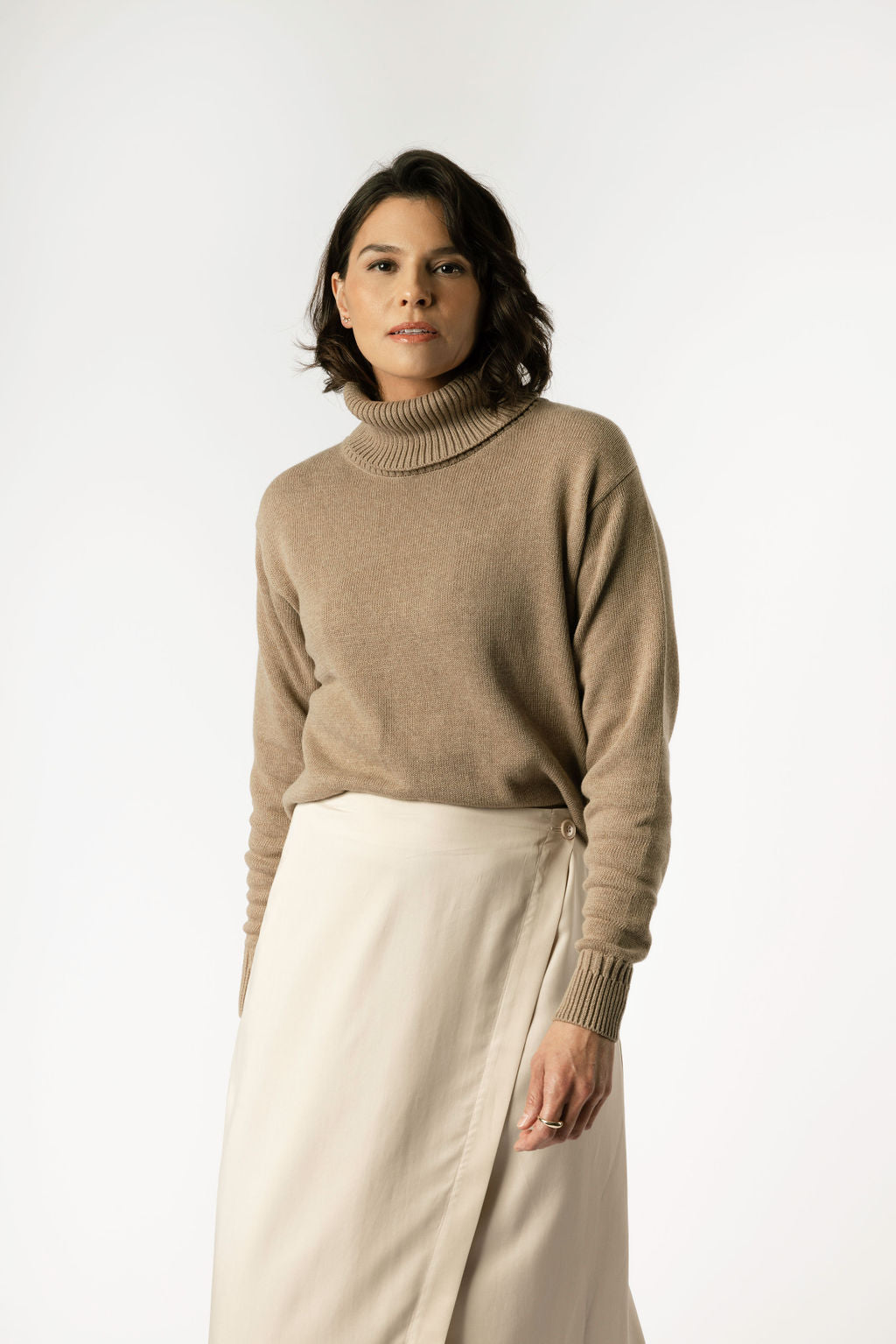 Minimalist Capsule Wardrobe 100% Organic Cotton Cozy Brown Cowl Neck Sweater Paired with Skirt