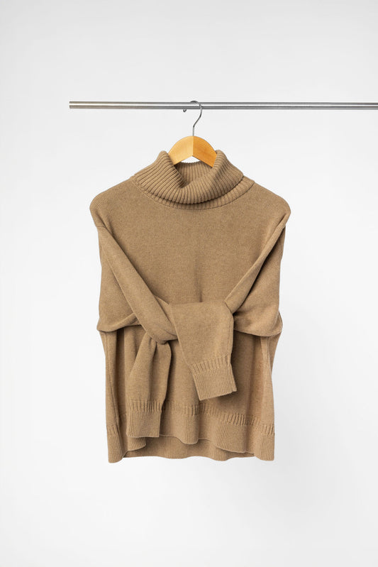 Minimalist Capsule Wardrobe 100% Organic Cotton Cozy Brown Cowl Neck Sweater on Hanger