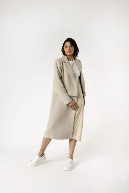 Minimalist Capsule Wardrobe Full Length Turns to Cropped Trench Coat in Tan 