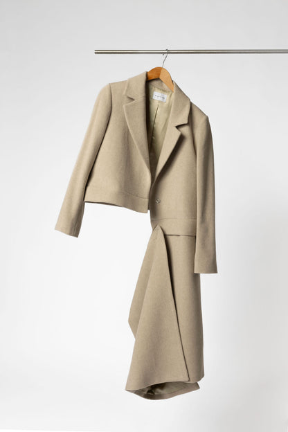 Minimalist Capsule Wardrobe Full Length Turns to Cropped Trench Coat in Tan Showing Zipper